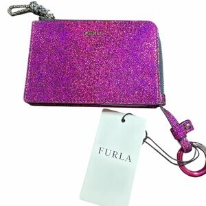 Furla Pink Glitter Zip Card Case Wallet with Key Ring NWT